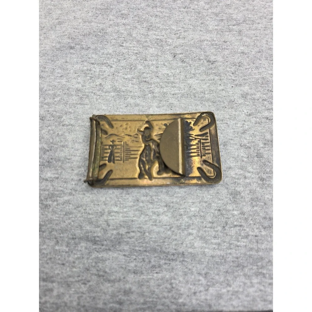 Vintage Bronc Rider Corral Rodeo Stallion Brass Belt Buckle Looped Belt